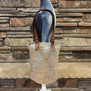 Mo & Co Metallic Gold Woven Leather Large Tote Bag
